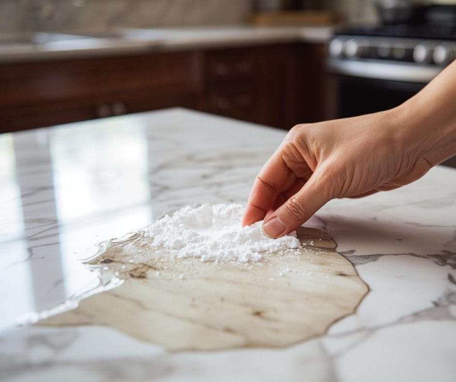 Adding Baking Soda and water to remove a stain from a Marble worktop