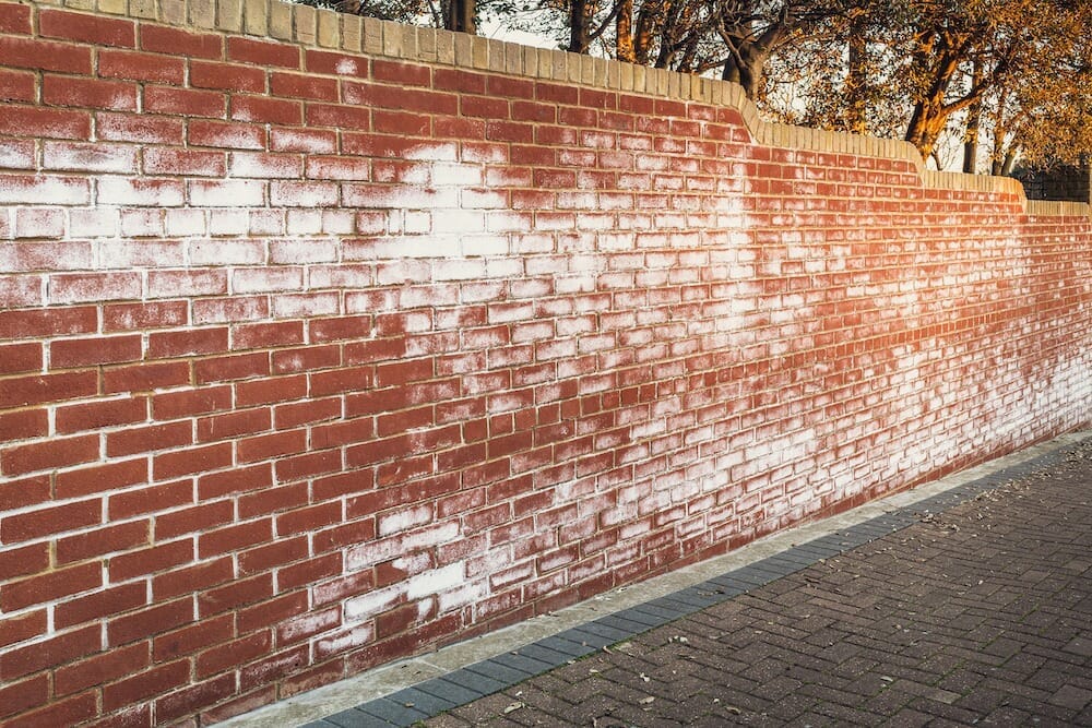 Brick staining Efflorescence build up on brick wall