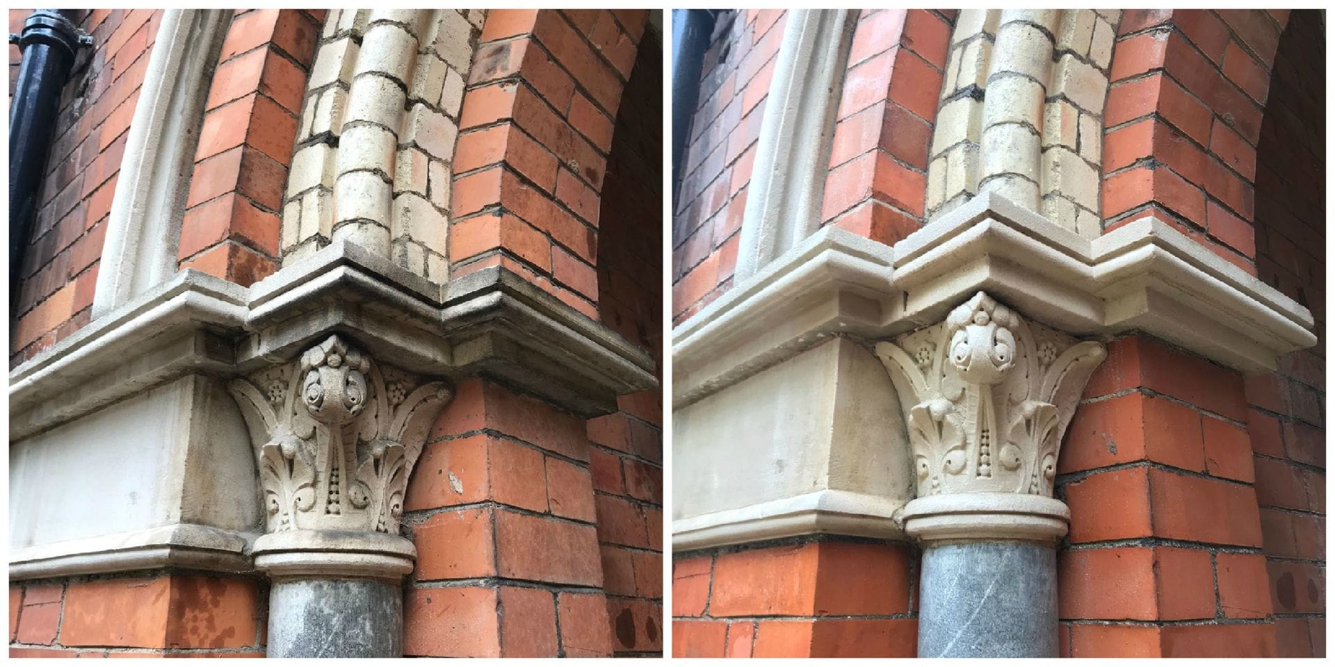 Stone and brick cleaning PMAC Before and After photo of red brick and stone cleaned by TORC system