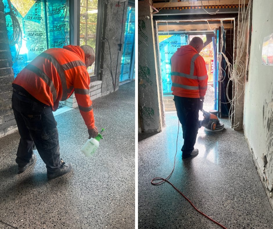 PMAC operatives sealing and buffing a platinum finish polished concrete floor